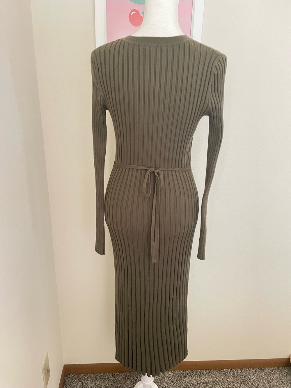 Quince Cotton Cashmere Ribbed Long Sleeve Crew Midi Dress in Olive Size Small - Picture 9 of 9